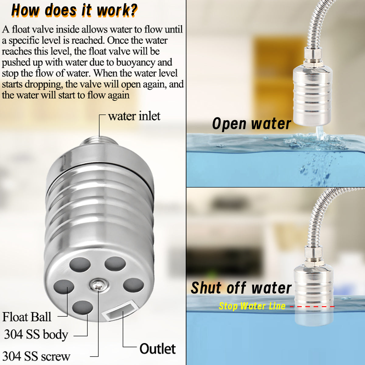 MEUPMEOP 1 Float Valve with Clip  1/2" to 3/4" 1" Water Float Valve 304 Stainless Steel Fully Automatic Water Level Control Float Valve for Water Tank Pool Livestock Troughs