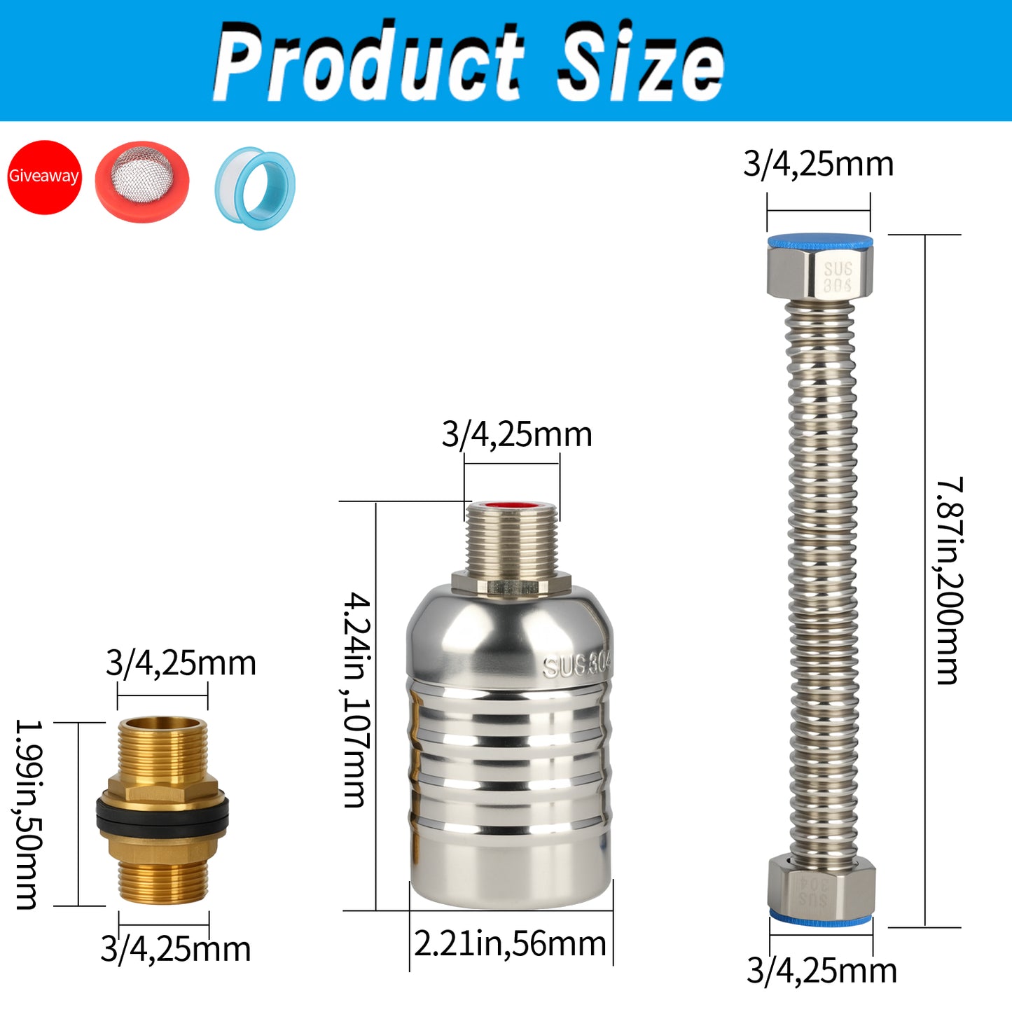 1/2" 3/4" 1" 304 Stainless Steel Float Valve with 304 Flexible Pipe and Brass Connector