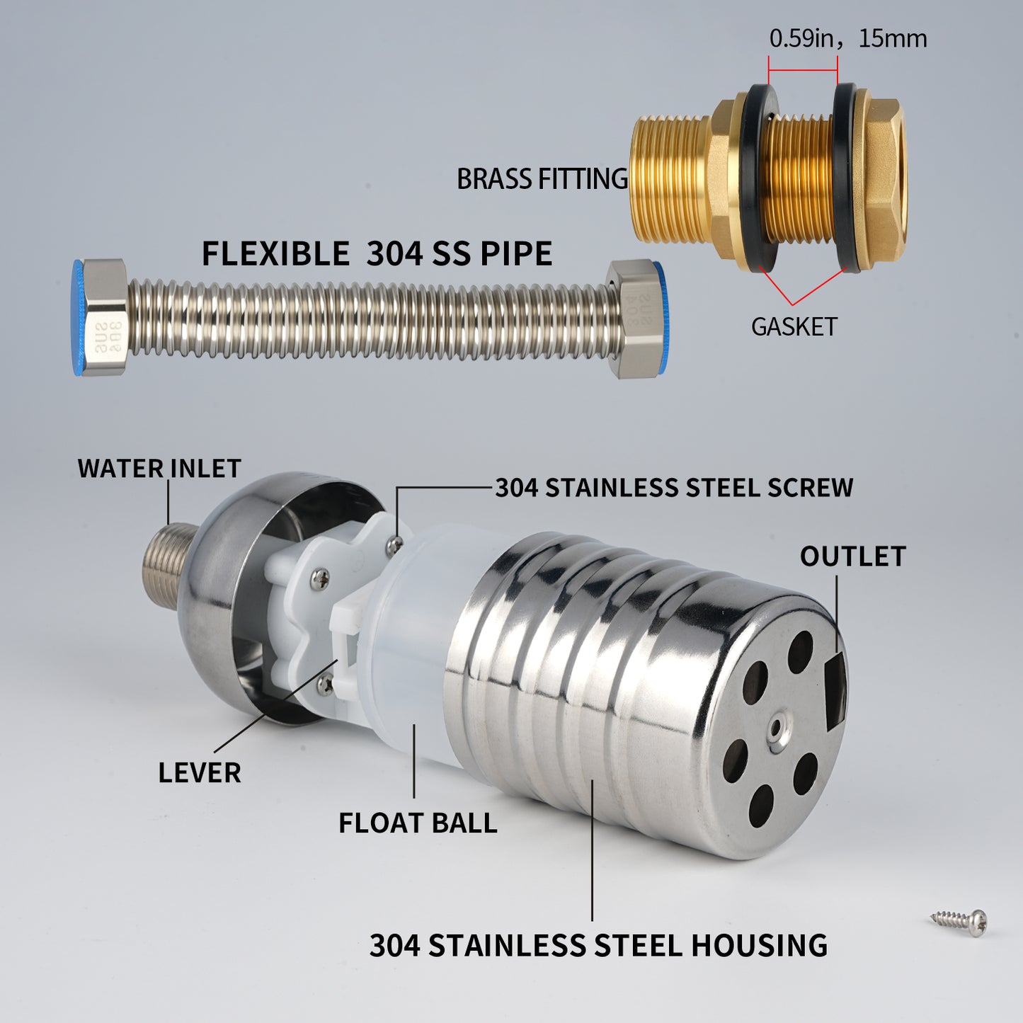 1/2" 3/4" 1" 304 Stainless Steel Float Valve with 304 Flexible Pipe and Brass Connector